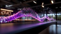 Glowing purple wave of particles flowing in dark space, creating dynamic motion trail with bokeh effect and light streaks. Digital technology concept.
