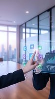 Businesswoman in dark suit interacting with holographic digital interface displaying analytics, charts, and business icons in modern office with city skyline view for corporate technology concepts.