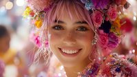 Young woman with radiant smile wearing vibrant floral crown of pink roses and mixed wildflowers against soft bokeh background, pink hair styled with natural glow and fresh spring look.