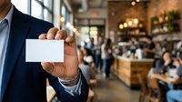 Man in dark suit holding blank white business card in modern cafe or restaurant setting with blurred crowd background, suitable for corporate branding and networking concepts.