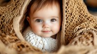Sweet baby wearing white lace dress peeks through cozy knitted beige blanket, bright blue eyes and gentle smile creating heartwarming portrait in warm tones.