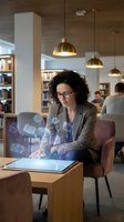Professional woman with curly hair and glasses using futuristic holographic interface technology on digital tablet in modern library workspace.