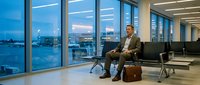 Professional businessman waiting in modern airport terminal with city skyline view through large windows during evening hours.