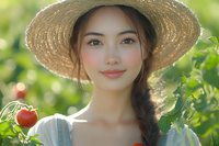 Young Asian woman in straw hat smiling in garden with strawberry plants, soft natural lighting creates dreamy summer atmosphere, long dark braid and gentle expression.