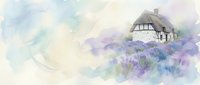 Watercolor cottage with thatched roof nestled among purple lavender fields, soft pastel landscape painting for home decor and artistic projects.