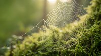 Spider web with morning dew drops glistening in golden sunlight among green foliage, natural macro photography showcasing intricate silk patterns and nature details.