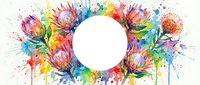 Vibrant watercolor protea flowers forming a colorful frame with a white circle for text, featuring rainbow paint splashes on white background.