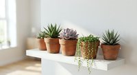 Small succulent plants in terracotta pots arranged on white windowsill shelf creating minimalist home decor display for indoor gardening enthusiasts.