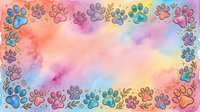 Colorful paw prints frame a soft watercolor gradient background in pastel hues, perfect for pet-related designs, animal lovers' projects, and veterinary marketing materials.