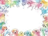 Colorful watercolor puppies frame border with white center space for text. Cute dog breeds in pastel rainbow colors for pet greeting cards and designs.