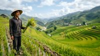 Farmer in traditional straw hat holding rice seedlings in lush green terraced field with mountain valley landscape backdrop for agricultural and rural lifestyle content.