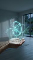 Glowing holographic kidneys floating above cupped hands in modern medical office interior for healthcare technology and nephrology concepts.