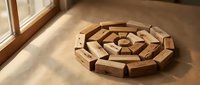 Wooden geometric puzzle blocks arranged in circular mandala pattern on floor near window with natural sunlight creating warm shadows for mindful play.