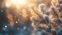Frosty pine branches with morning sunlight creating magical bokeh effect and soft snowflakes falling in winter forest atmosphere.