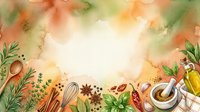 Watercolor culinary frame with herbs, spices and kitchen utensils on textured background. Cooking ingredients border with mortar, pestle and seasonings for recipe design.