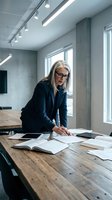 Mature woman with long gray hair and glasses wearing dark blazer reviewing architectural plans and documents at wooden table in modern office with concrete walls and natural light.