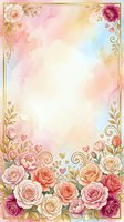 Watercolor floral frame with roses, peonies, and ornamental scrolls on soft pastel background. Central space ideal for wedding invitations, greeting cards, and design projects.