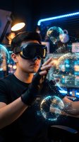 Young Asian man wearing VR headset exploring virtual reality with floating digital Earth globes and holographic interface in futuristic tech environment.