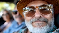 Senior Caucasian man with white beard wearing sunglasses and straw hat smiling outdoors on sunny day, expressing joy and contentment in retirement lifestyle.
