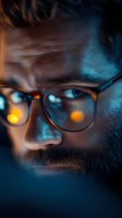 Close-up portrait of bearded man wearing glasses in moody blue lighting with orange bokeh reflections, dramatic atmospheric photography style.