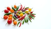 Assorted fresh chili peppers and bell peppers arranged on white background, isolated for culinary, cooking, and food design projects.