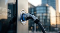 Electric vehicle charging port connected to cable with urban cityscape and modern buildings in blurred background, representing sustainable energy and green transportation infrastructure.