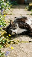 Tabby cat resting on a sunlit garden path surrounded by wildflowers and green moss, capturing a peaceful outdoor moment in nature.