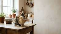 Brown rabbit sitting on wooden table in rustic kitchen with potted plants, cookware and window light creating warm, homey atmosphere for lifestyle and home decor projects.
