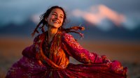 Young Asian woman in vibrant traditional dress smiling at sunset with snow-capped mountains in background. Golden hour portrait captures joy and cultural heritage.