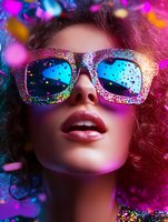 Close-up portrait with glitter sunglasses reflecting colorful bokeh lights, bright pink and blue neon glow, parted lips with glossy makeup, and curly hair in party atmosphere.