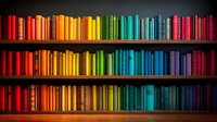 Books arranged in rainbow color order on wooden shelves creating vibrant spectrum display against dark background, modern library interior design element.