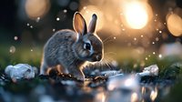 Young gray rabbit in magical forest setting with golden bokeh lights and morning dew drops, creating dreamy nature atmosphere for spring season designs.