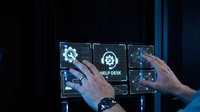 Businessman hands touching virtual help desk interface with support icons and global network connections on futuristic digital screen technology.