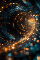 Abstract digital tunnel with glowing orange and blue particles, spiral light effects and bokeh elements creating futuristic technological background.