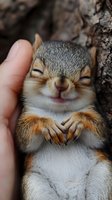 Adorable smiling squirrel with closed eyes being petted by human hand. Close-up view of happy relaxed wild animal showing gentle expression and paws.