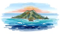 Watercolor tropical island with green mountains surrounded by blue ocean waves at sunset on white background isolated for design projects.