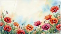 Watercolor red poppy flowers border with soft pastel background, copy space for text, greeting card, banner, or spring floral design.