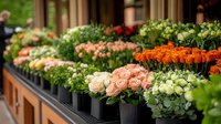 Fresh floral arrangements in black modern containers featuring roses in peach, orange, and cream colors alongside green hydrangeas, displayed at luxury flower shop.