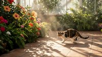 Tabby cat walking on sunny wooden deck near blooming flowers in greenhouse, exploring indoor garden space with natural light and plants.