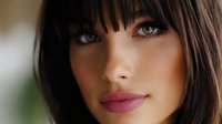 Young Asian woman with straight dark hair and bangs wearing pink lipstick smiling at camera against blurred background, beauty and fashion portrait.