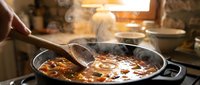Ladle stirring hot stew in pan on stovetop, steam rising, warm kitchen setting with blurred background and cooking activity.