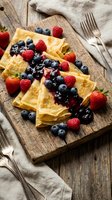 Golden crepes filled with berry compote topped with fresh strawberries and blueberries on rustic wooden board for breakfast menu design.