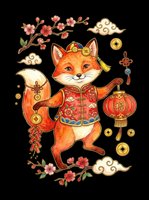 Cute fox in traditional red outfit holding a lantern, surrounded by cherry blossoms and gold coins, isolated on transparent background, for stickers and print on demand.