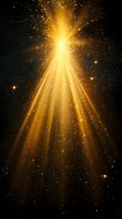 Magical golden light rays burst through darkness with sparkling particles and stars creating mystical atmospheric effect against black space background.