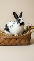 Black and white rabbit sitting in woven basket with hay and dried flowers on neutral background. Suitable for pet, agriculture, and Easter-themed projects.