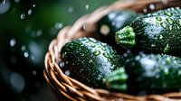 Fresh wet zucchini with water drops in wicker basket against dark background, macro shot highlighting natural texture and organic produce for food photography.
