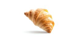 Fresh baked croissant floating on white background with soft shadow, flaky layered French pastry isolated for easy design integration.
