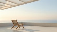 Wooden lounge chair on modern terrace with ocean view at sunset, minimalist coastal architecture and relaxation space design.