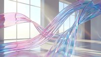 Abstract holographic ribbons flowing in modern office space with natural light creating iridescent rainbow reflections for digital art and futuristic design concepts.