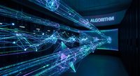 Futuristic digital network visualization with glowing data streams and algorithm text in modern tech environment for artificial intelligence concepts.